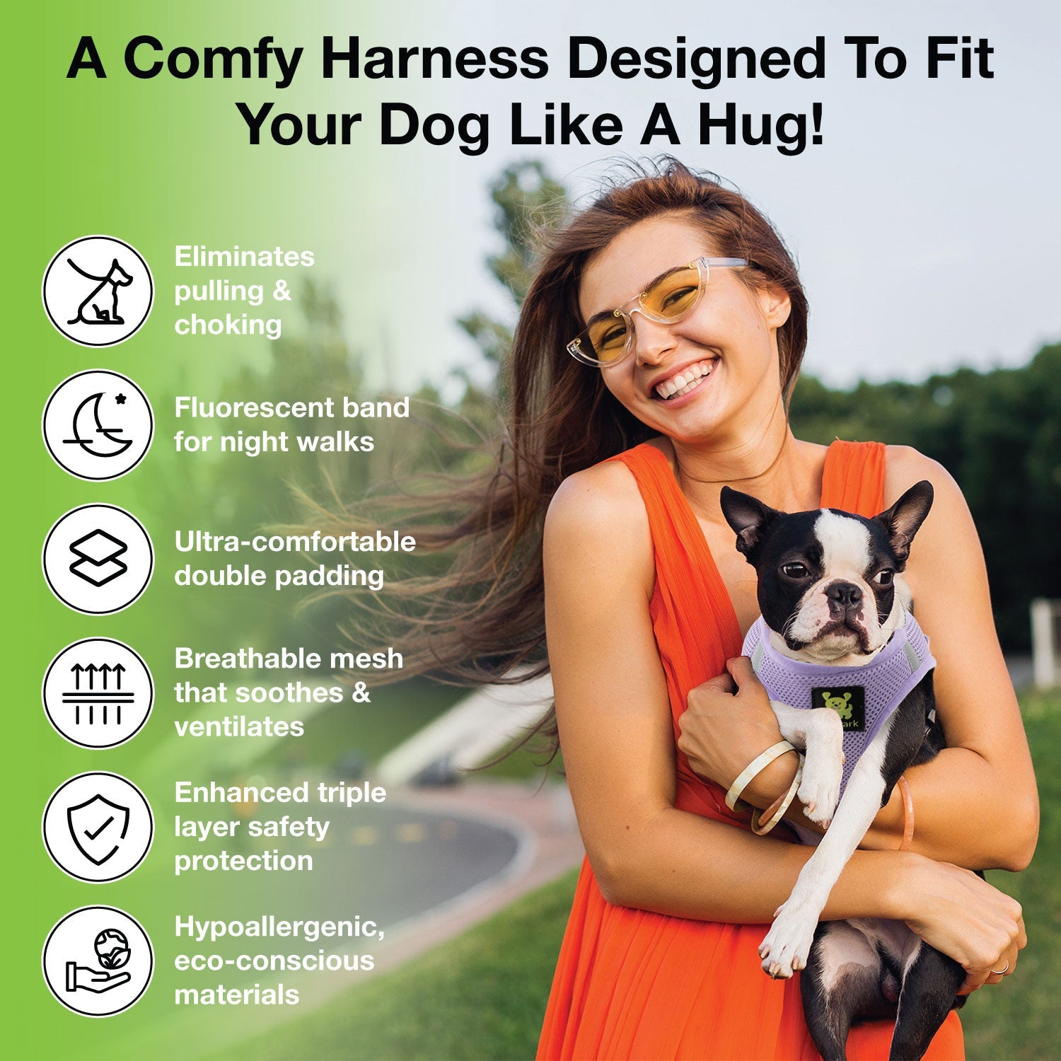 EcoBark Lavender Step In Dog Harness - Reflective Soft Mesh Harness for Teacup, Small Dogs and Puppies - BIG FRENCHIES