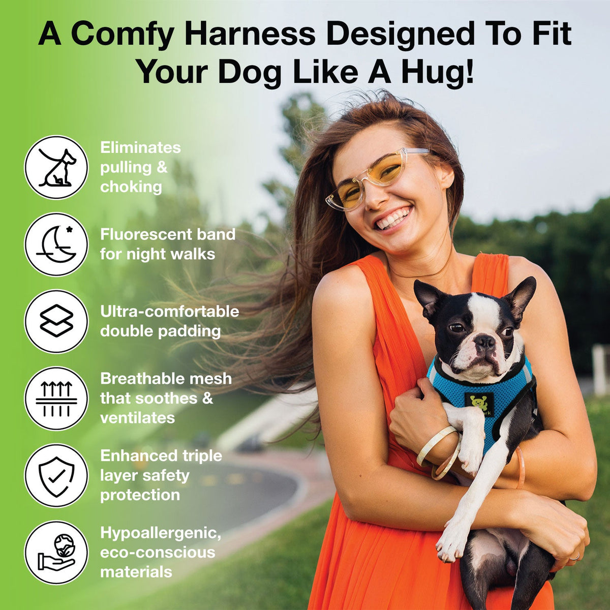 Teal Step In Dog Harness - Rapid Fastener Reflective Soft Mesh Vest Halter for Puppies and XXXS to Small Dogs - BIG FRENCHIES
