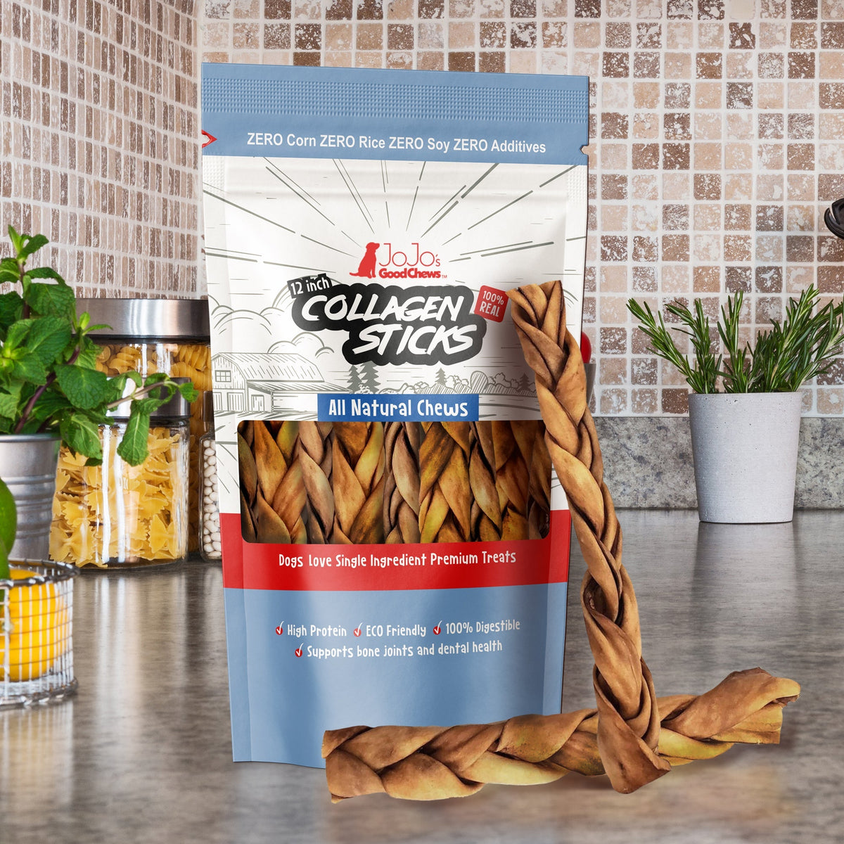 Braided Collagen Stick Dog Treats for Joint Health - 12-Inch Standard (4-Pack) - BIG FRENCHIES