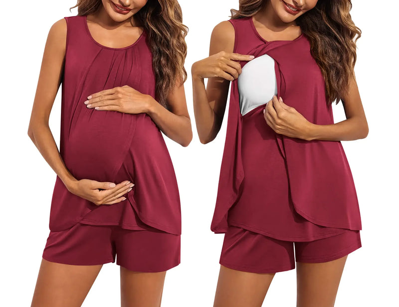 Ekouaer Womens Maternity Nursing Pajamas Set Sleeveless Breastfeeding Shirts Pregnancy Shorts Nursing PJS Wine Red M - # BAGE211510122-NURSG - BIG FRENCHIES