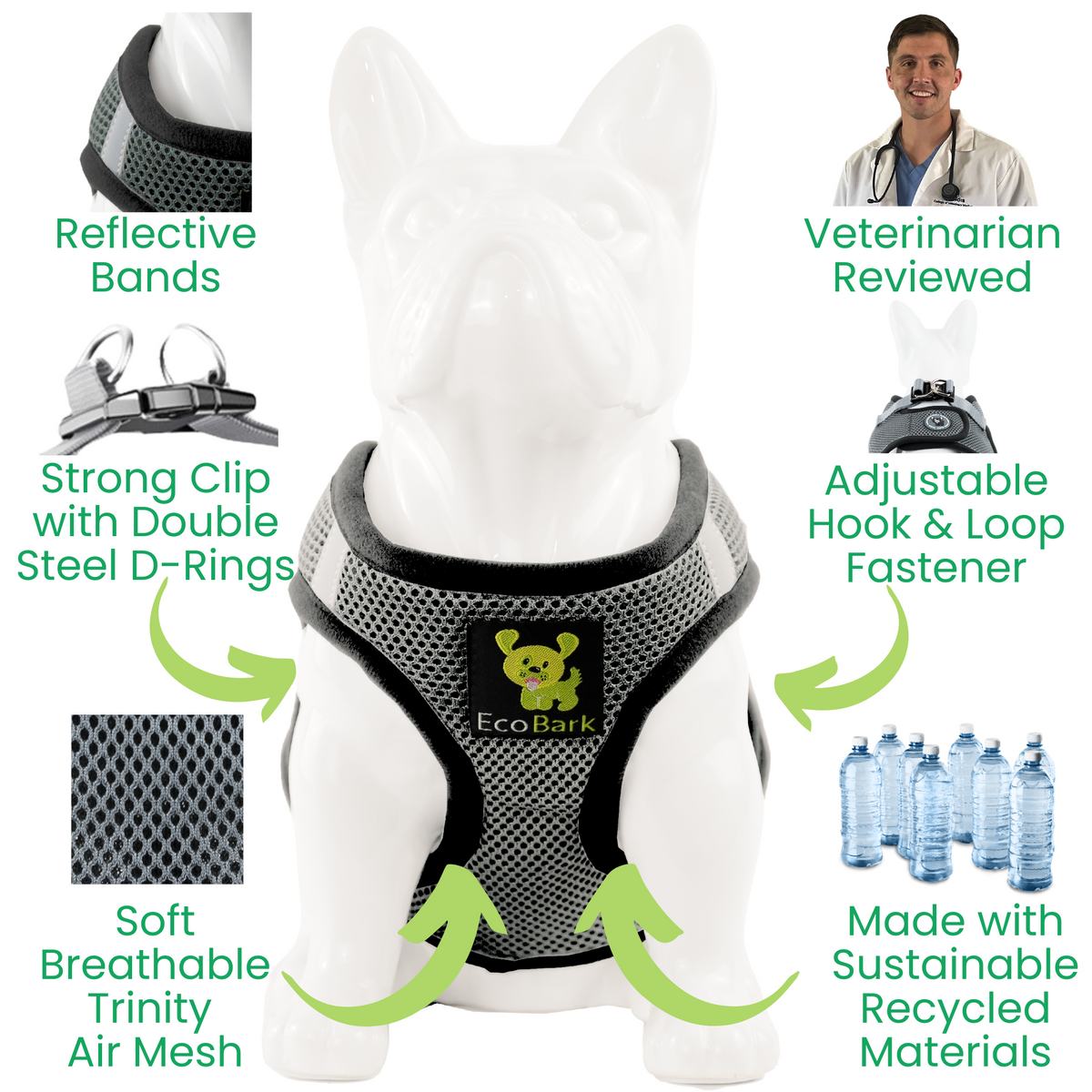 EcoBark Grey Step In Dog Harness - Reflective Soft Mesh Harness for Teacup, Small Dogs and Puppies - BIG FRENCHIES