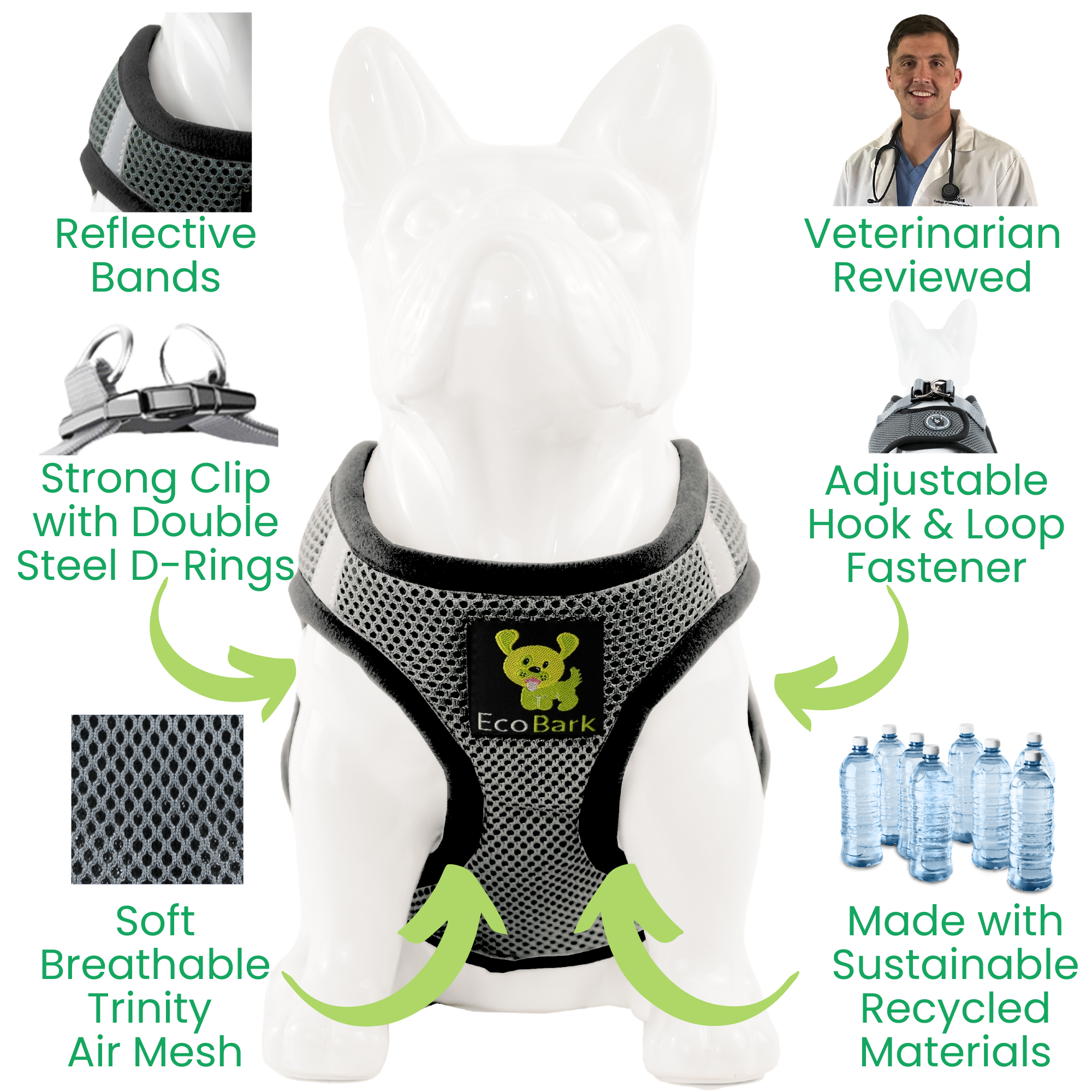 EcoBark Grey Step In Dog Harness - Reflective Soft Mesh Harness for Teacup, Small Dogs and Puppies - BIG FRENCHIES