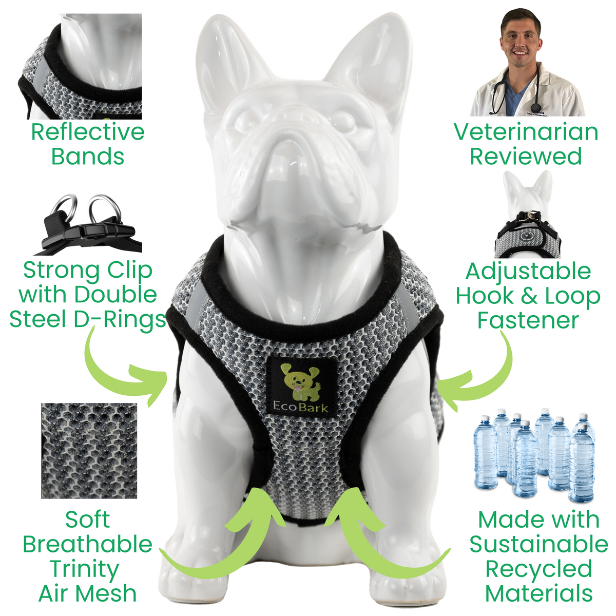 EcoBark Steel Gray Step In Dog Harness - Rapid Fastener Reflective Soft Mesh Vest Halter for Puppies and XXXS to Small Dogs - BIG FRENCHIES