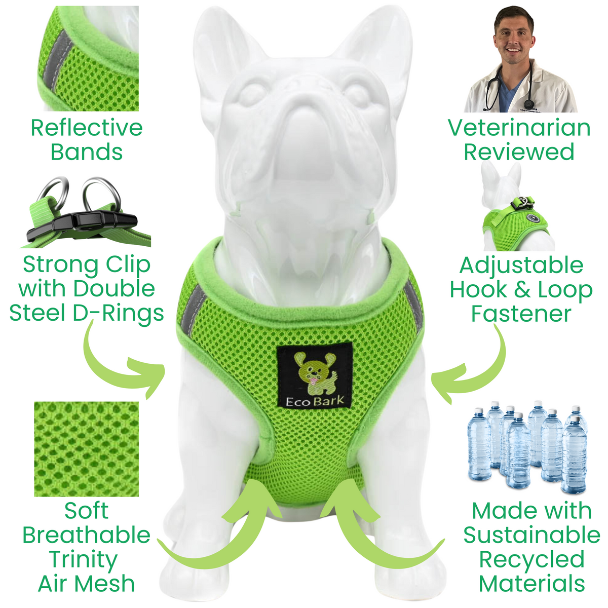 EcoBark Lime Green Step In Dog Harness - Reflective Soft Mesh Harness for Teacup, Small Dogs and Puppies - BIG FRENCHIES