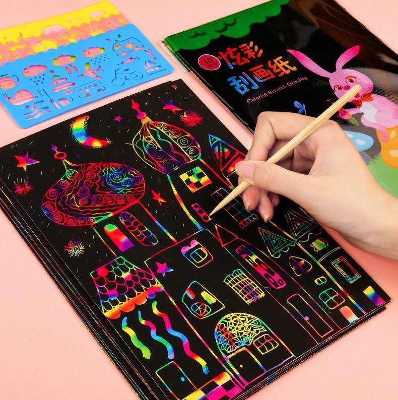Magic Rainbow Color Scratch Art Paper Card Set With Graffiti Stencil Drawing Board Stick Art Painting Educational Toys - BIG FRENCHIES