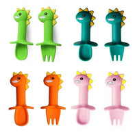 New Baby Feeding Spoon Fork Set Short Easy Cartoon Dinosaur Soft Silicone Teether Toys Non-hurt Training Tableware - BIG FRENCHIES