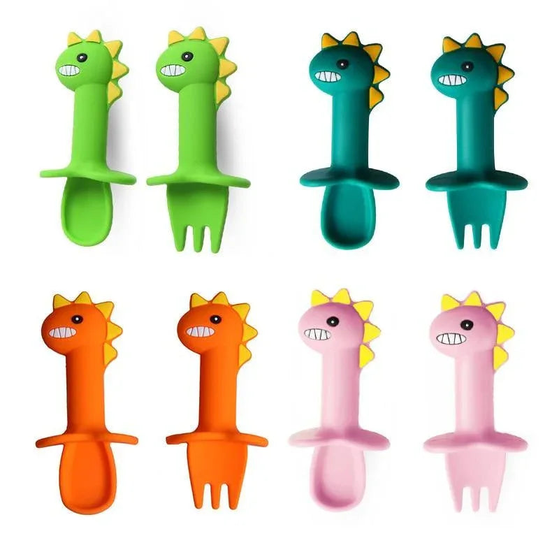 New Baby Feeding Spoon Fork Set Short Easy Cartoon Dinosaur Soft Silicone Teether Toys Non-hurt Training Tableware - BIG FRENCHIES