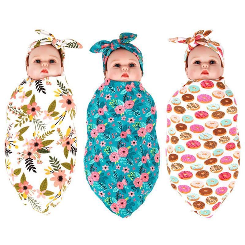 Swaddle Blanket Set Receiving Wrap Props Newborn Infant Boy Girl Headwear Flower Print Romper With Bow - BIG FRENCHIES
