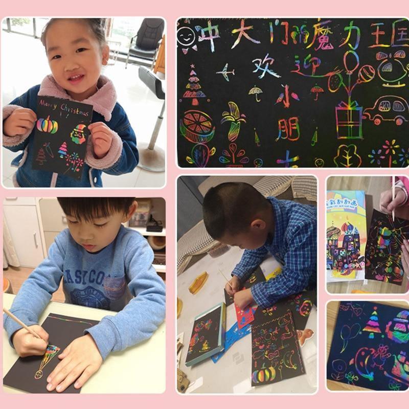Magic Rainbow Color Scratch Art Paper Card Set With Graffiti Stencil Drawing Board Stick Art Painting Educational Toys - BIG FRENCHIES