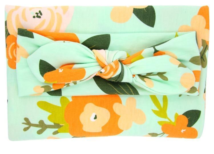 Elegant Colorful Baby Swaddle Wrap Newborn Infant Receiving Blanket Headwear Flower Print Towels With Bow - BIG FRENCHIES
