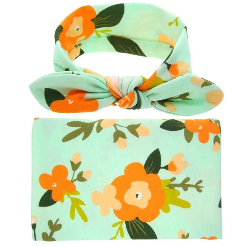 Elegant Colorful Baby Swaddle Wrap Newborn Infant Receiving Blanket Headwear Flower Print Towels With Bow - BIG FRENCHIES