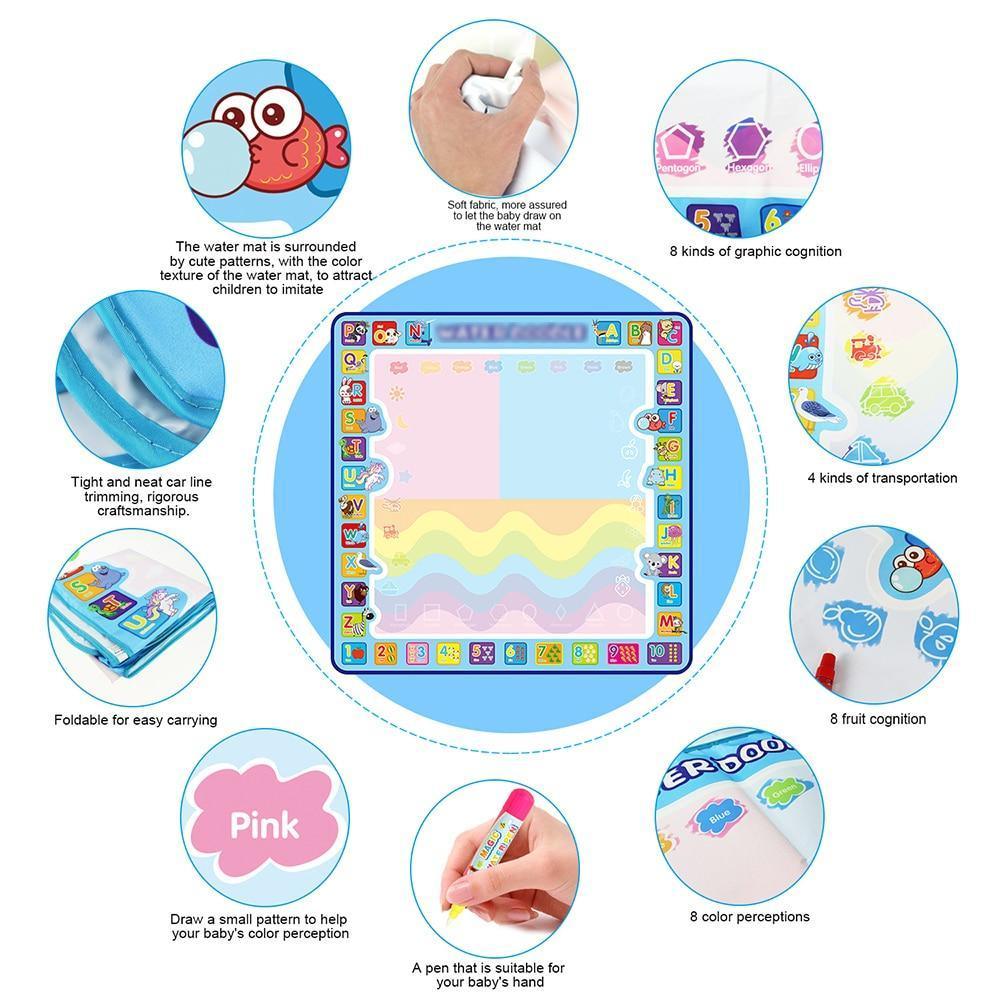 Coolplay 100x100cm Magic Water Drawing Mat Doodle Mat & 4 Drawing Pens & 1 Stamps Set Painting Board Educational Toys for Kids - BIG FRENCHIES