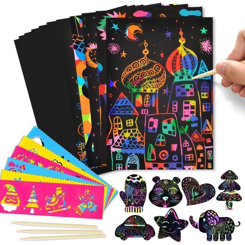 Magic Rainbow Color Scratch Art Paper Card Set With Graffiti Stencil Drawing Board Stick Art Painting Educational Toys - BIG FRENCHIES