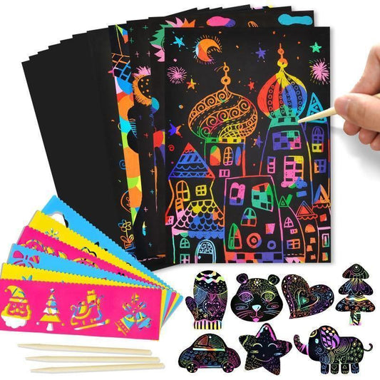 Magic Rainbow Color Scratch Art Paper Card Set With Graffiti Stencil Drawing Board Stick Art Painting Educational Toys - BIG FRENCHIES