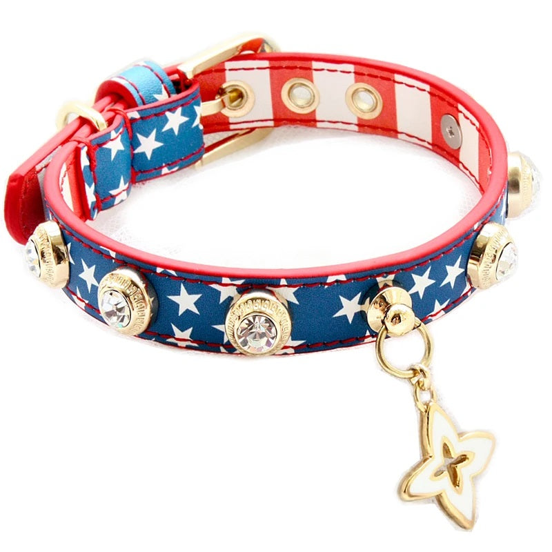 Handmade Patriotic American Flag Pet Collar Small and Medium Dogs Collar Leash-Pet Collars & Leashes-BIG FRENCHIES-Jane's Pet Boutique