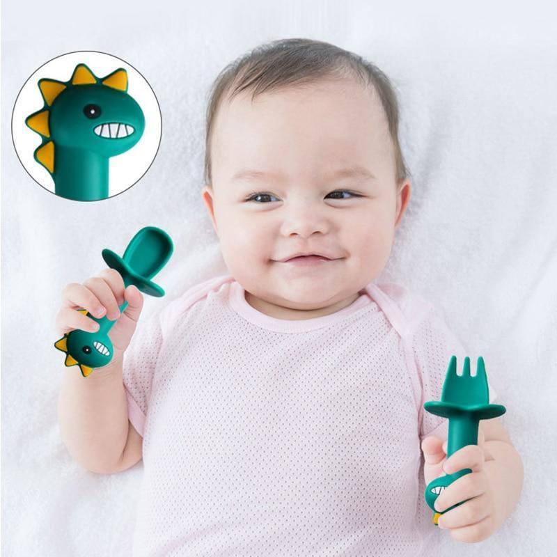 New Baby Feeding Spoon Fork Set Short Easy Cartoon Dinosaur Soft Silicone Teether Toys Non-hurt Training Tableware - BIG FRENCHIES