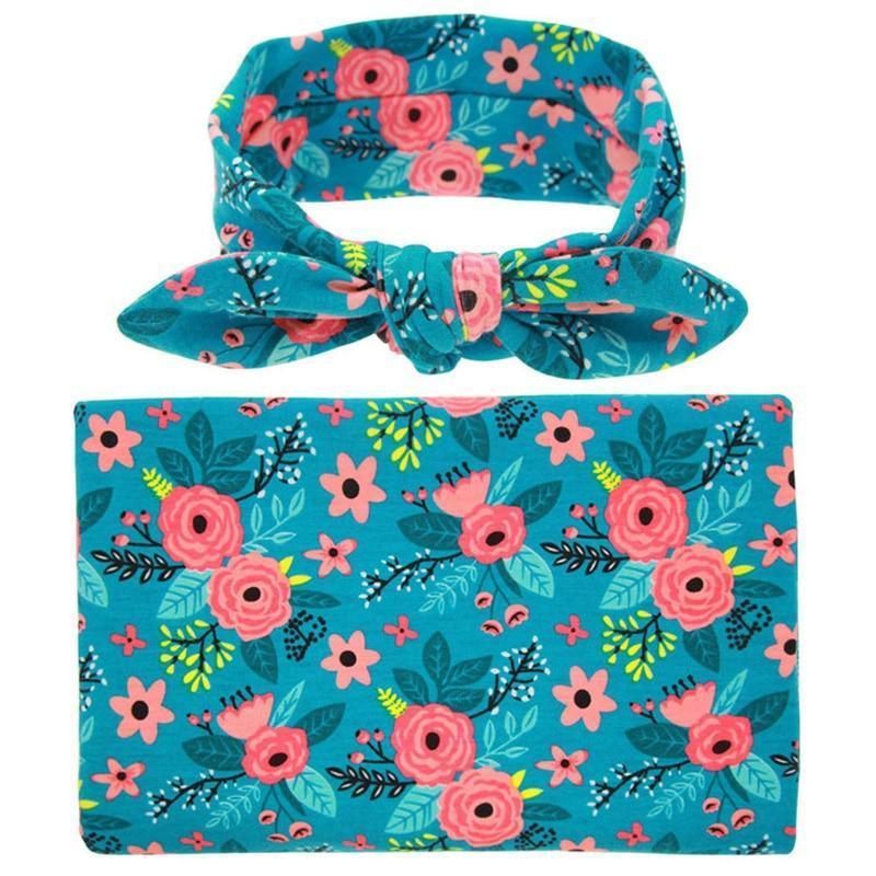 Swaddle Blanket Set Receiving Wrap Props Newborn Infant Boy Girl Headwear Flower Print Romper With Bow - BIG FRENCHIES