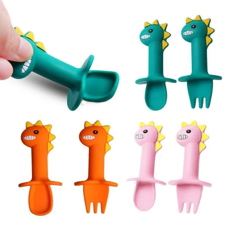 Big Modern New Set Spoon and Fork For Baby Utensils Set Auxiliary Food Silicone Gel Spoon Baby Learn To Eat Training Bendable Soft Spoon Children Tableware With Dinosaur Design - BIG FRENCHIES