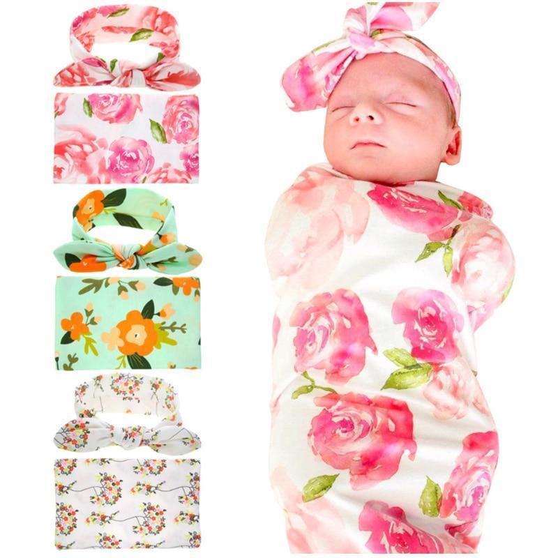 Elegant Colorful Baby Swaddle Wrap Newborn Infant Receiving Blanket Headwear Flower Print Towels With Bow - BIG FRENCHIES