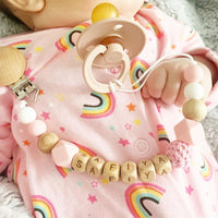 Handmade Personalized Name Silicone Wood Pacifier Clips Safe Teething Chain Baby Teether Clips Holder For Pacifier For Kids - BIG FRENCHIES