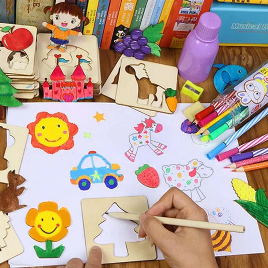 100Pcs Baby Wooden Drawing Toys Painting Stencil Templates Coloring Board Children Creative Doodles Early Learning Education Toy - BIG FRENCHIES