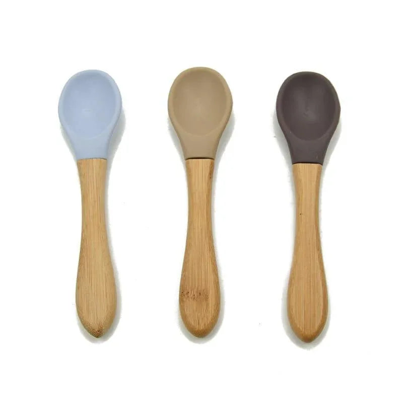New Colors Baby Wooden Spoon Organic Silicone Tip Toddlers Infant Feeding Spoon Food Grade Material Soft Tableware Perfect For Baby Boys And Girls - BIG FRENCHIES