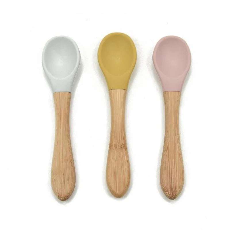 New Colors Baby Wooden Spoon Organic Silicone Tip Toddlers Infant Feeding Spoon Food Grade Material Soft Tableware Perfect For Baby Boys And Girls - BIG FRENCHIES