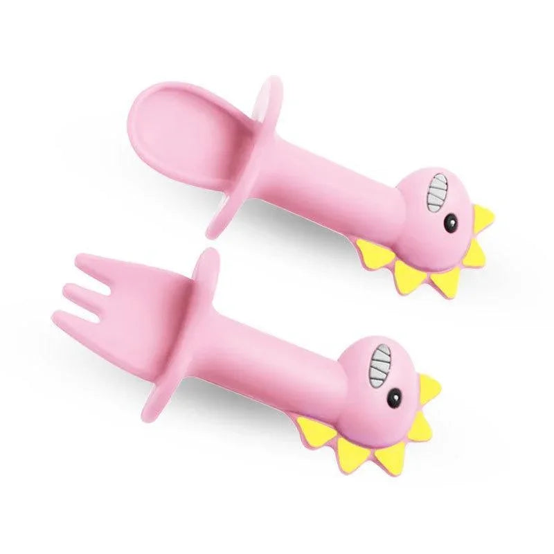 Big Modern New Set Spoon and Fork For Baby Utensils Set Auxiliary Food Silicone Gel Spoon Baby Learn To Eat Training Bendable Soft Spoon Children Tableware With Dinosaur Design - BIG FRENCHIES