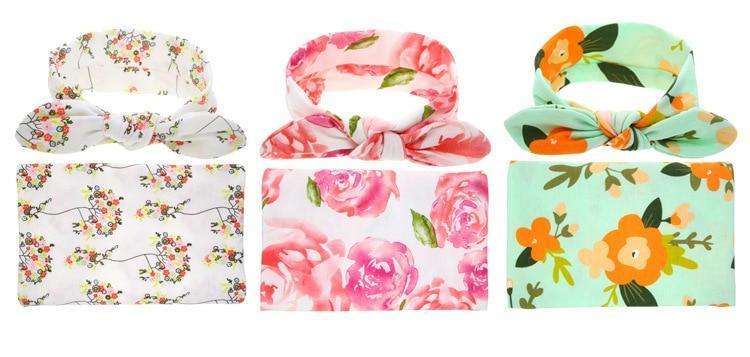 Elegant Colorful Baby Swaddle Wrap Newborn Infant Receiving Blanket Headwear Flower Print Towels With Bow - BIG FRENCHIES