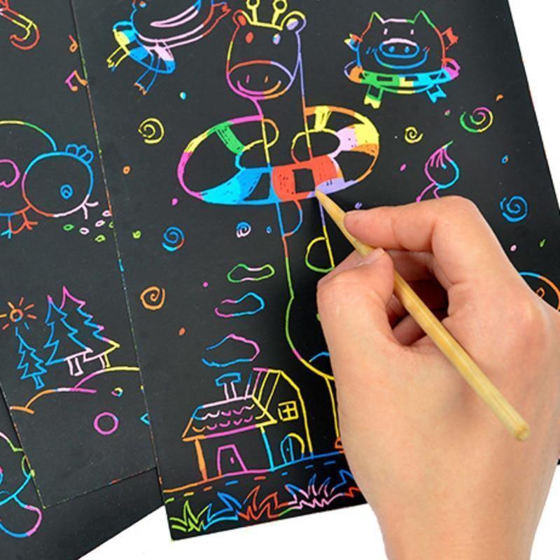 Magic Rainbow Color Scratch Art Paper Card Set With Graffiti Stencil Drawing Board Stick Art Painting Educational Toys - BIG FRENCHIES