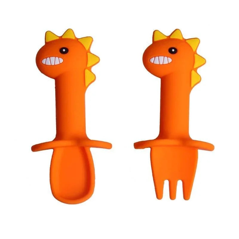 Big Modern New Set Spoon and Fork For Baby Utensils Set Auxiliary Food Silicone Gel Spoon Baby Learn To Eat Training Bendable Soft Spoon Children Tableware With Dinosaur Design - BIG FRENCHIES