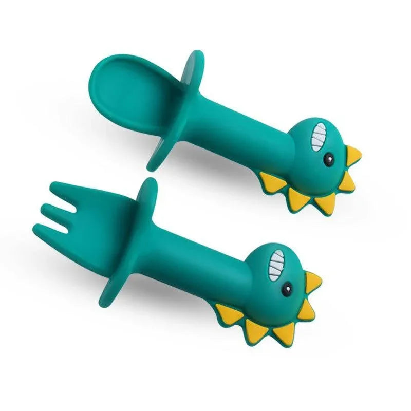 Big Modern New Set Spoon and Fork For Baby Utensils Set Auxiliary Food Silicone Gel Spoon Baby Learn To Eat Training Bendable Soft Spoon Children Tableware With Dinosaur Design - BIG FRENCHIES