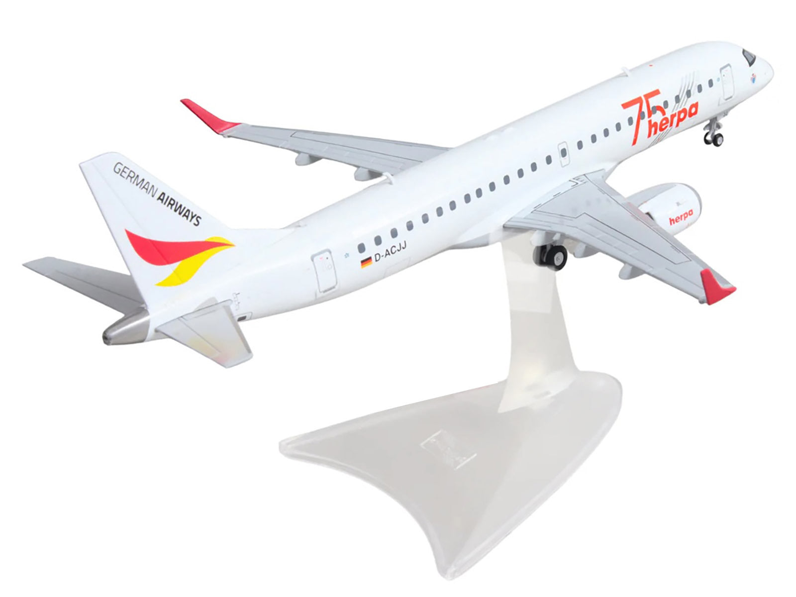 Embraer E190 Commercial Aircraft "German Airways - Herpa 75 Years" (D-ACJJ) White with Graphics 1/200 Diecast Model by Herpa