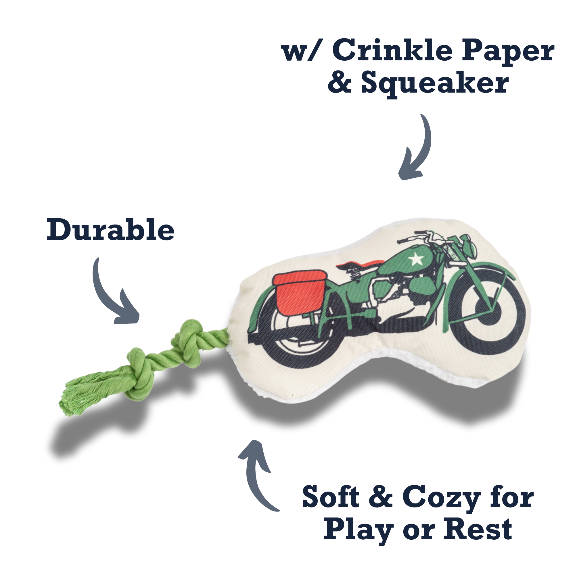 Country Living Retro Army Motorcycle with Squeaker & Crinkle Paper Plush Dog Toy - BIG FRENCHIES