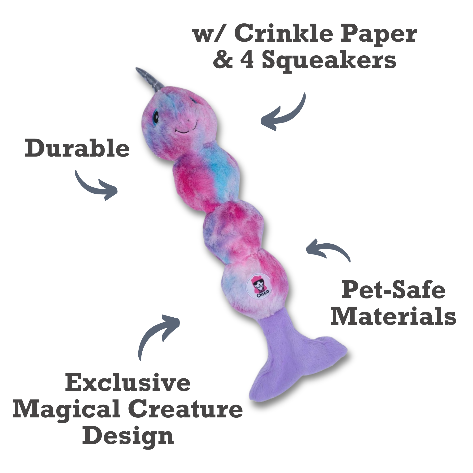 Tie Dye Skinny Narwhal Magical Creature Plush Dog Toy – with Squeaker & Crinkle Paper for Fun Play - BIG FRENCHIES