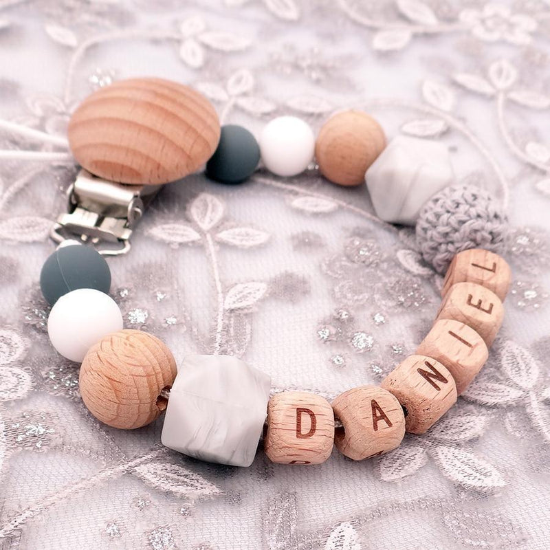 Handmade Personalized Name Silicone Wood Pacifier Clips Safe Teething Chain Baby Teether Clips Holder For Pacifier For Kids - BIG FRENCHIES