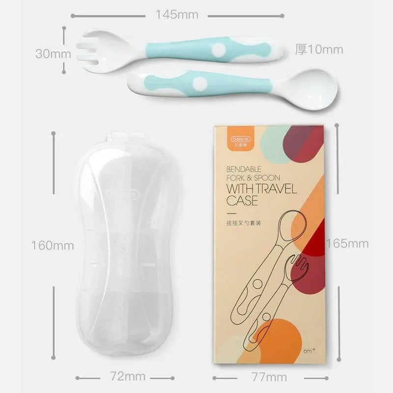 2Pcs Bendable Baby Spoon Fork Set Toddler Infant Learning Tableware Flatware Utensils Kids Cutlery With Storage Box - BIG FRENCHIES