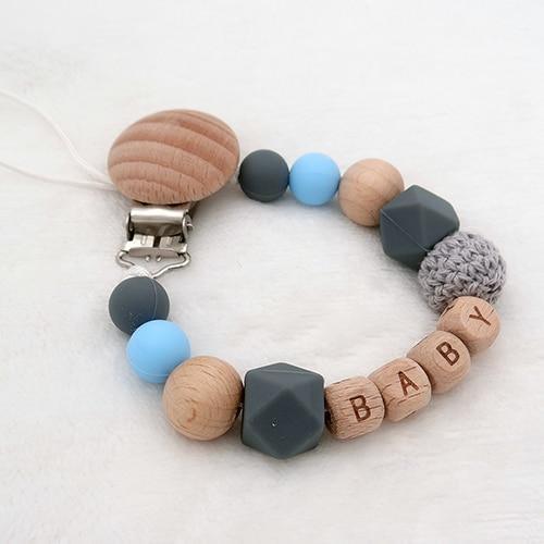 Handmade Personalized Name Silicone Wood Pacifier Clips Safe Teething Chain Baby Teether Clips Holder For Pacifier For Kids - BIG FRENCHIES