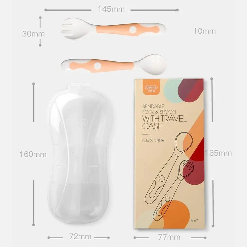 2Pcs Bendable Baby Spoon Fork Set Toddler Infant Learning Tableware Flatware Utensils Kids Cutlery With Storage Box - BIG FRENCHIES