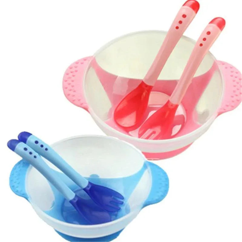 3Pcs Set Baby Dishes With Suction Cup Assist Food Bowl Temperature Sensing Spoon Baby Tableware Baby Utensils Spoon+Fork - BIG FRENCHIES