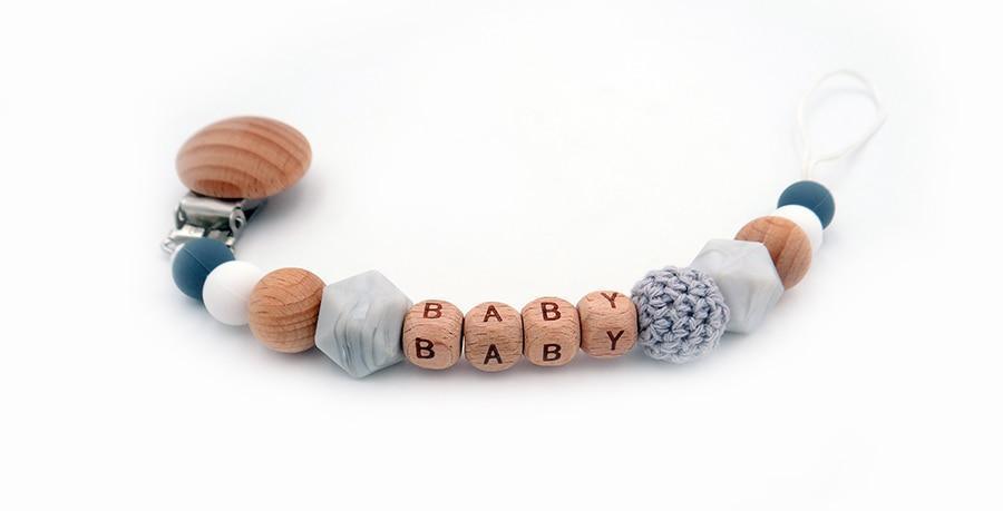 Handmade Personalized Name Silicone Wood Pacifier Clips Safe Teething Chain Baby Teether Clips Holder For Pacifier For Kids - BIG FRENCHIES