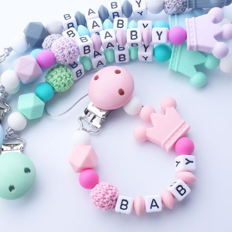 Pink Silicone Personalised Name Baby Pacifier Clips Crochet Beads Silicone Crown Pacifier Chain Holder For Kids and Baby Pacifier - BIG FRENCHIES