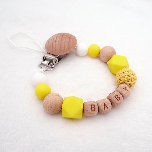 Handmade Personalized Name Silicone Wood Pacifier Clips Safe Teething Chain Baby Teether Clips Holder For Pacifier For Kids - BIG FRENCHIES