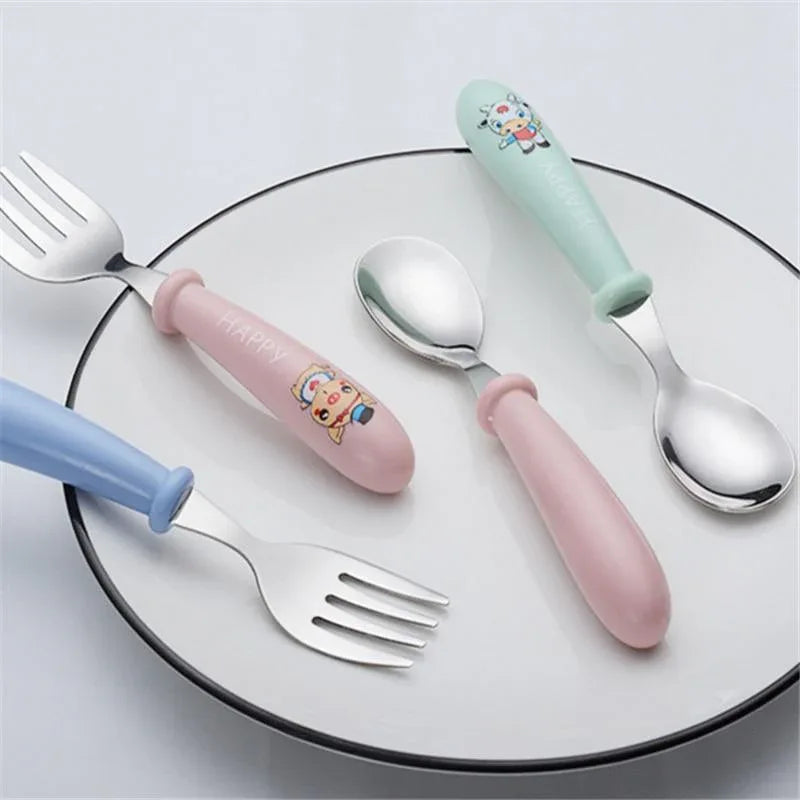 Baby Gadgets Tableware Set Children Utensil Stainless Steel Toddler Dinnerware Cutlery Cartoon Infant Food Feeding Spoon and Fork - BIG FRENCHIES