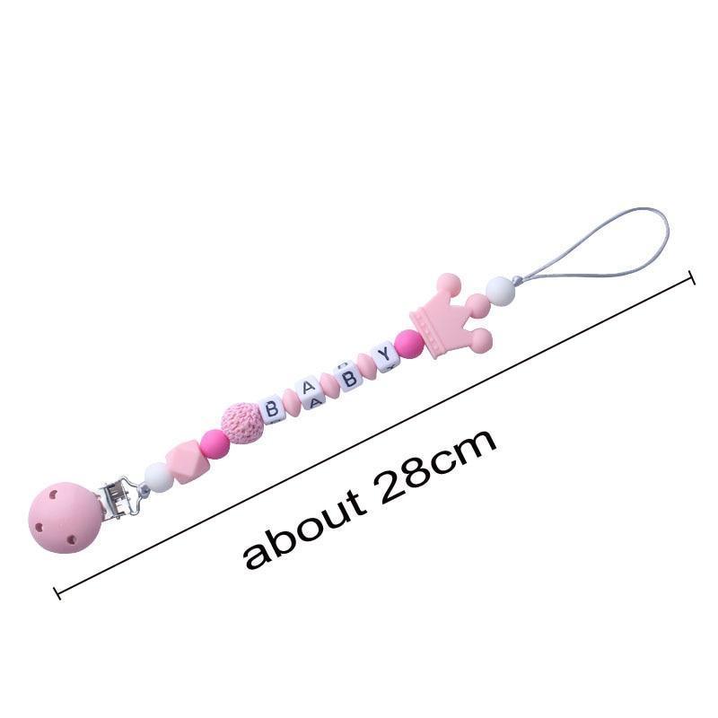 Pink Silicone Personalised Name Baby Pacifier Clips Crochet Beads Silicone Crown Pacifier Chain Holder For Kids and Baby Pacifier - BIG FRENCHIES