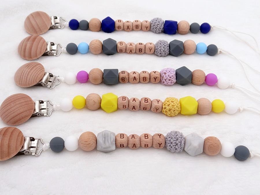 Handmade Personalized Name Silicone Wood Pacifier Clips Safe Teething Chain Baby Teether Clips Holder For Pacifier For Kids - BIG FRENCHIES