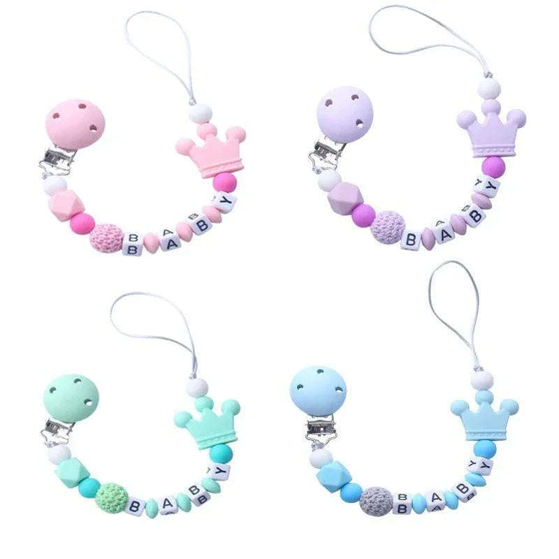 Pink Silicone Personalised Name Baby Pacifier Clips Crochet Beads Silicone Crown Pacifier Chain Holder For Kids and Baby Pacifier - BIG FRENCHIES