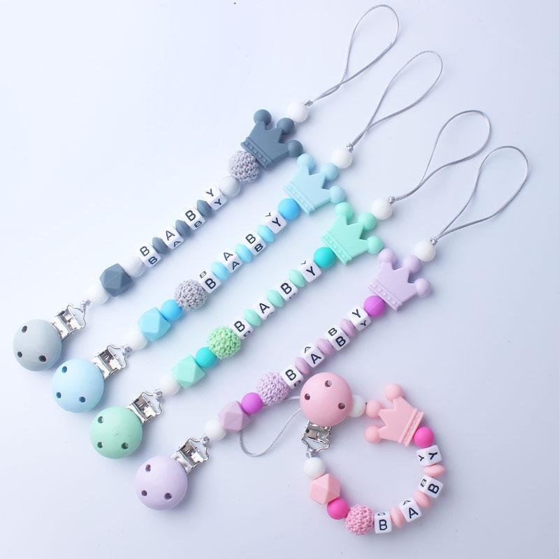 Pink Silicone Personalised Name Baby Pacifier Clips Crochet Beads Silicone Crown Pacifier Chain Holder For Kids and Baby Pacifier - BIG FRENCHIES