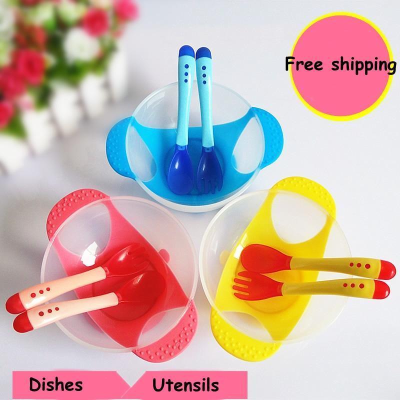 3Pcs Set Baby Dishes With Suction Cup Assist Food Bowl Temperature Sensing Spoon Baby Tableware Baby Utensils Spoon+Fork - BIG FRENCHIES