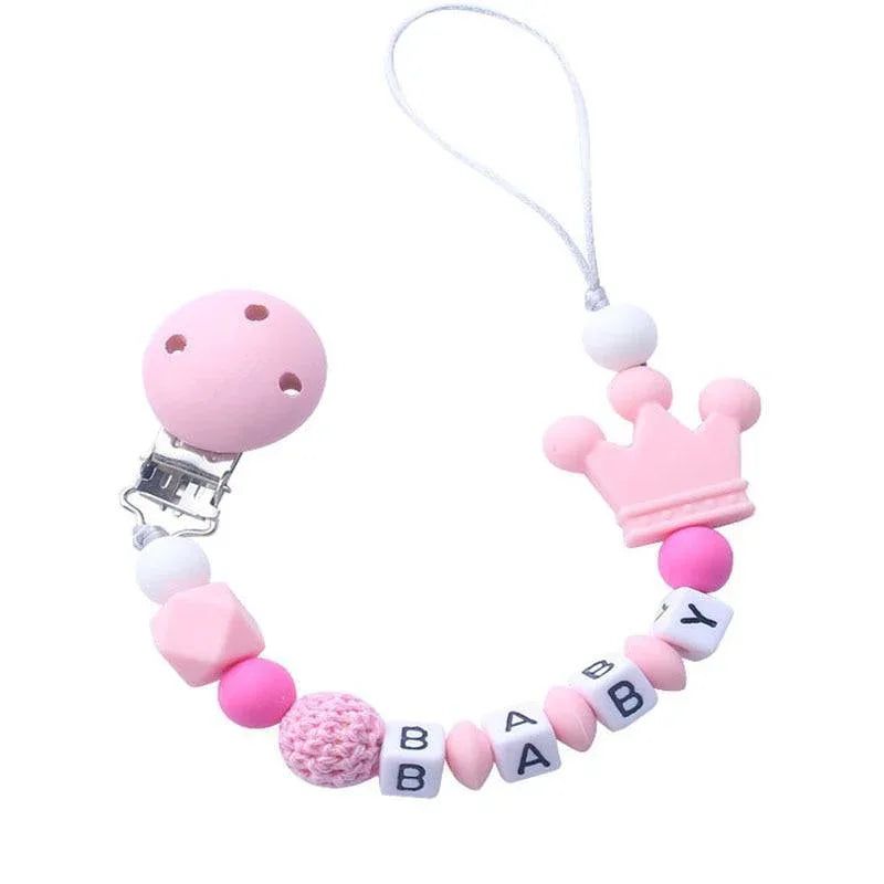 Pink Silicone Personalised Name Baby Pacifier Clips Crochet Beads Silicone Crown Pacifier Chain Holder For Kids and Baby Pacifier - BIG FRENCHIES